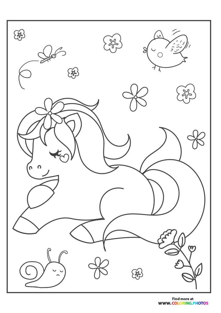 Pony with flowing mane surrounded by flowers, butterflies, and snail coloring page