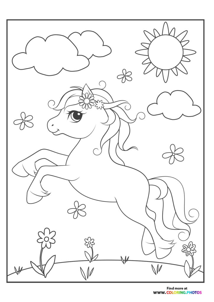 A magical pony with a flower crown and flowing mane prancing in a meadow with flowers and clouds coloring page