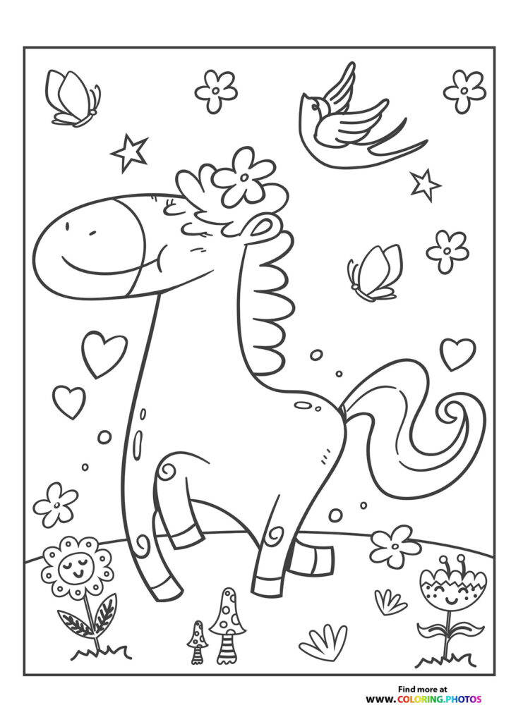 Magical pony with flower mane in garden with butterflies, stars, and hearts coloring page