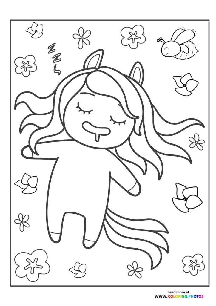 A sleeping pony with long mane and tail surrounded by flowers and a bee coloring page