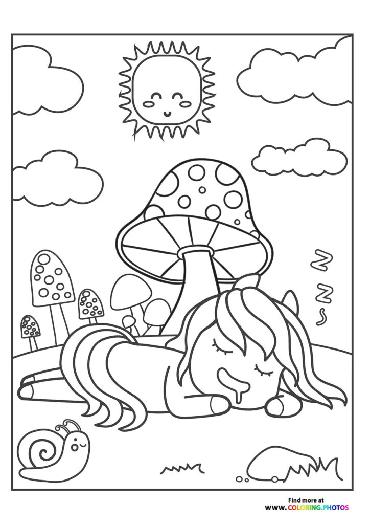 A sleeping pony with flowing mane resting under a large spotted mushroom in a magical forest coloring page