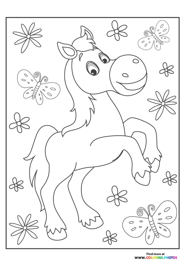 Happy smiling pony with butterflies and flowers coloring page