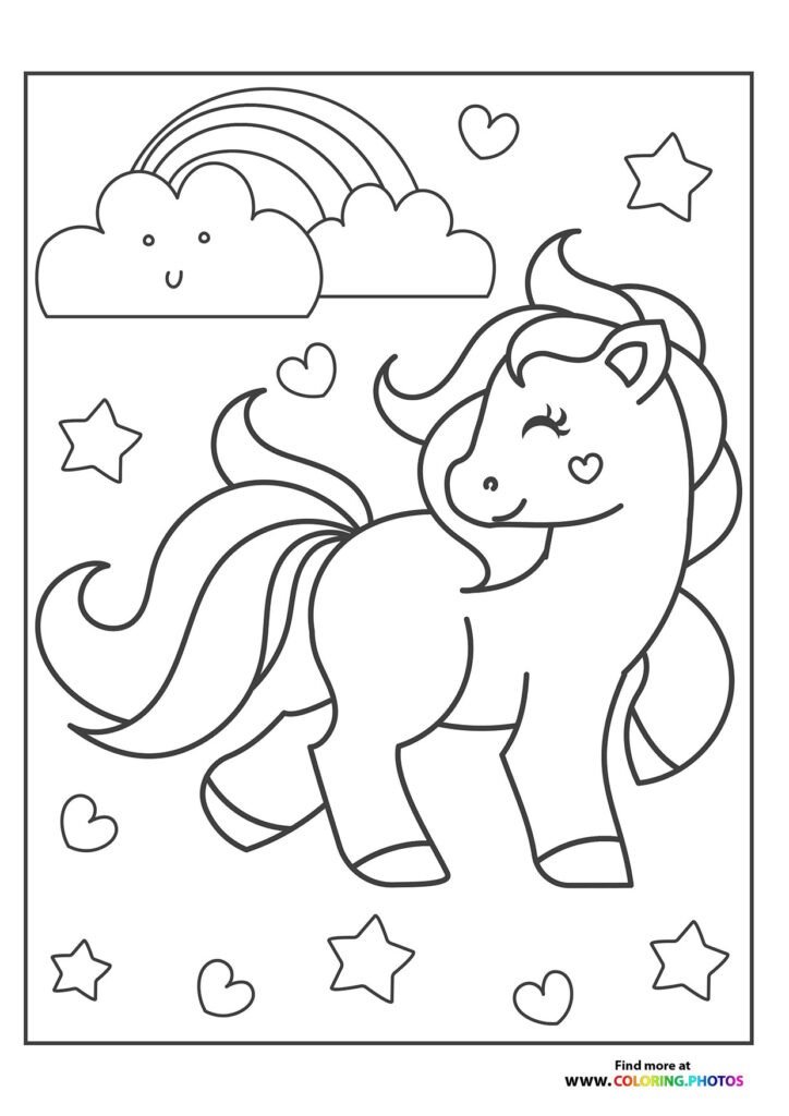 Magical unicorn with flowing mane, rainbow, cloud, stars and hearts coloring page