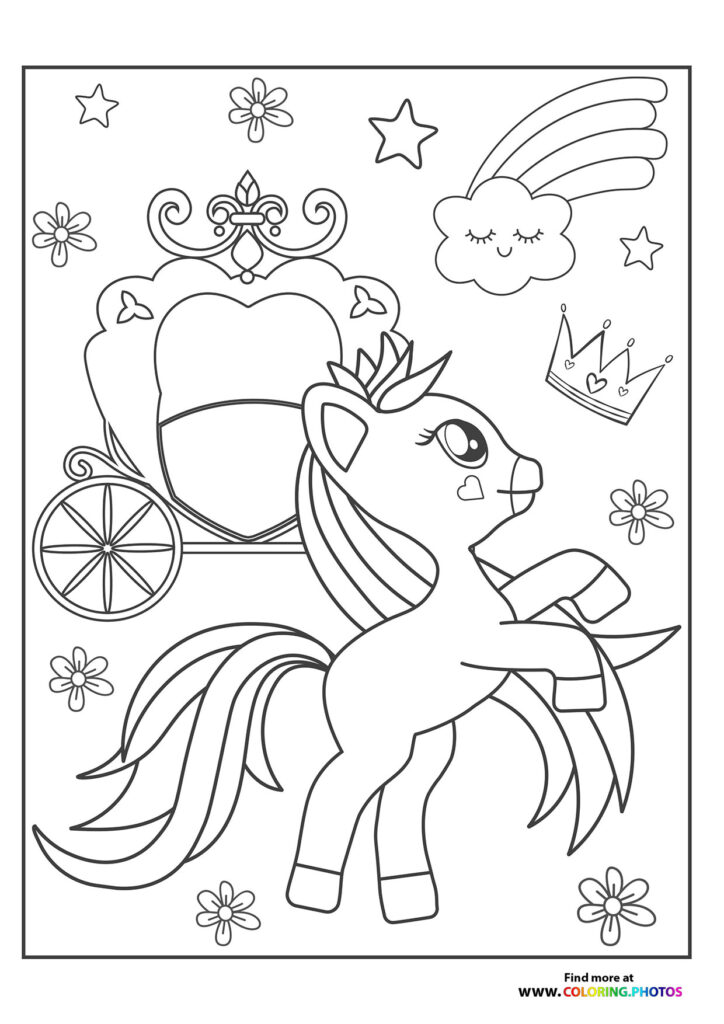 Princess pony with crown pulling ornate carriage surrounded by stars, flowers, and rainbow cloud coloring page