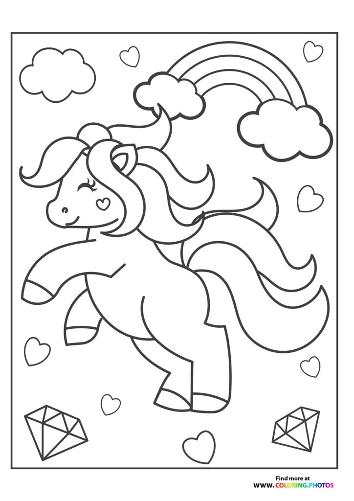 Unicorn pony with flowing mane and tail jumping through clouds and rainbow with hearts and diamonds coloring page