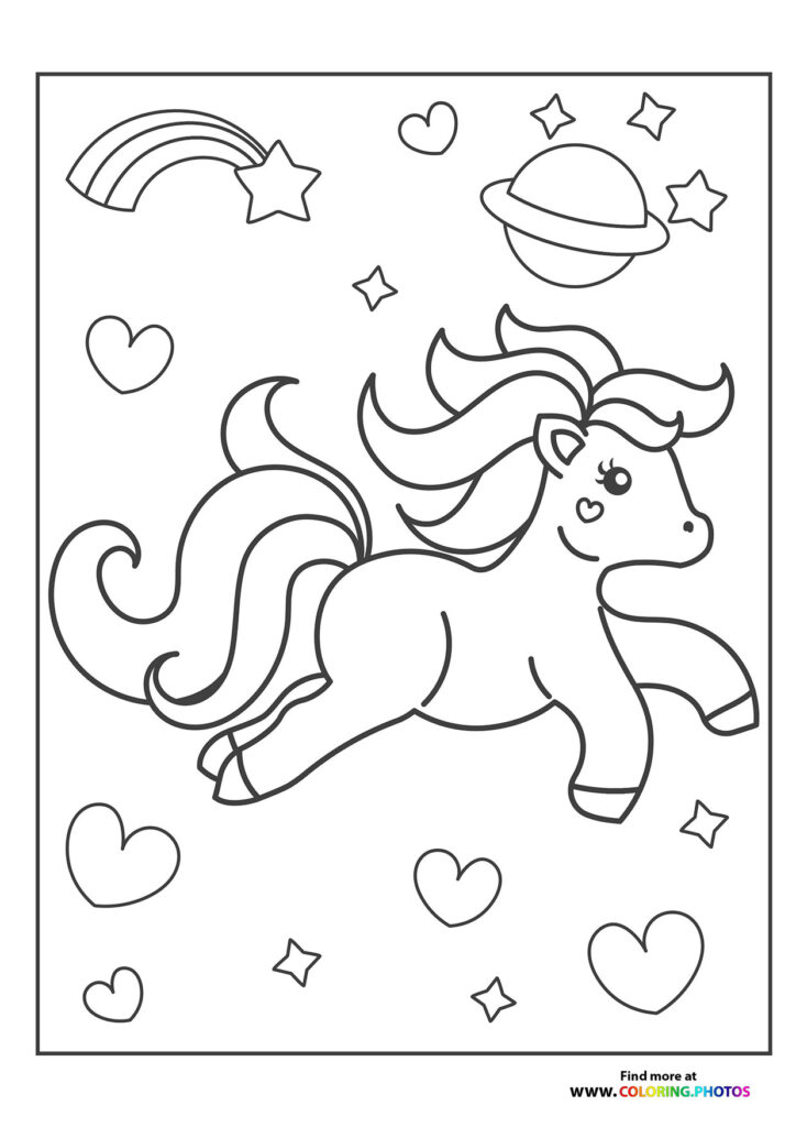 A magical pony with a flowing mane surrounded by hearts, stars, a rainbow, and a planet coloring page
