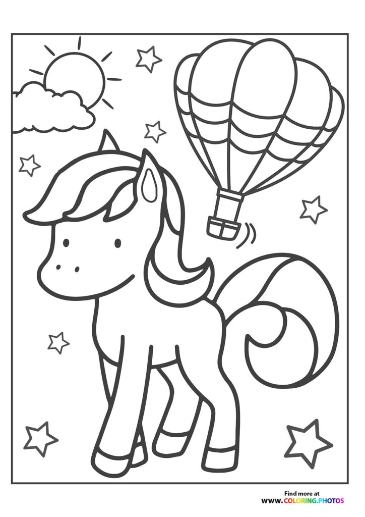 Unicorn with flowing mane standing next to a hot air balloon surrounded by stars and clouds coloring page