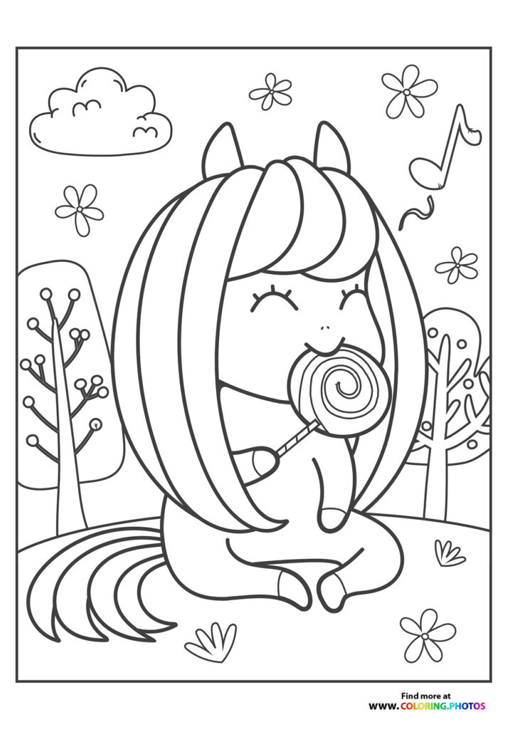 Cute pony holding a spiral lollipop surrounded by flowers, trees, and clouds coloring page