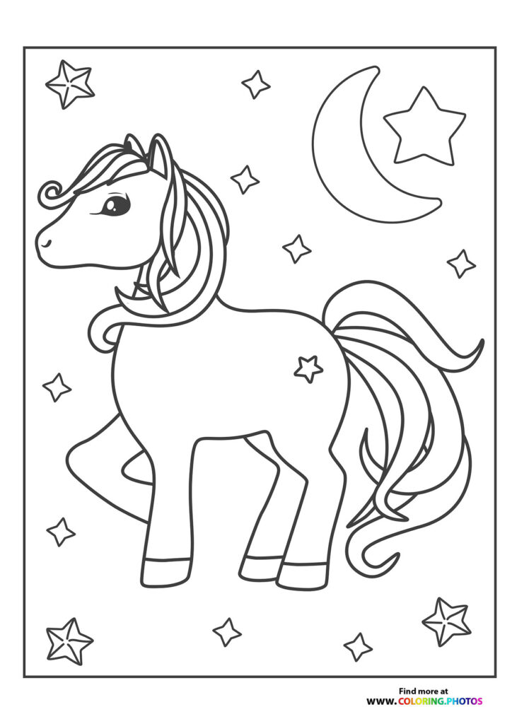 A pony with flowing mane and tail standing among stars and a crescent moon coloring page