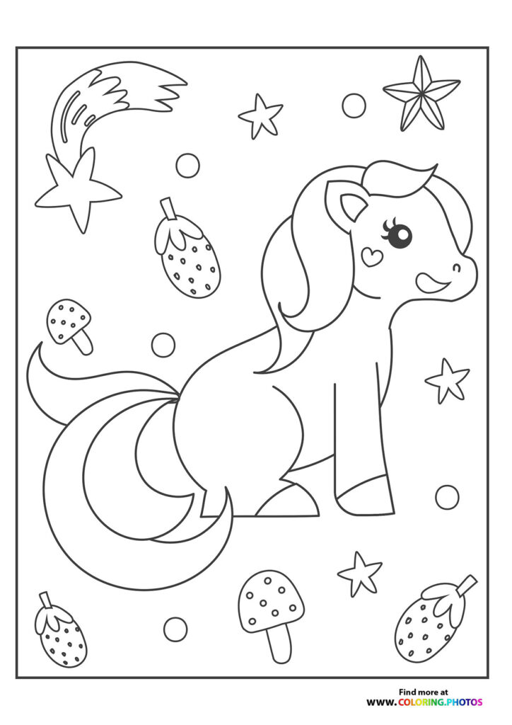 Cute pony with heart cheek marking surrounded by strawberries, mushrooms, and stars coloring page