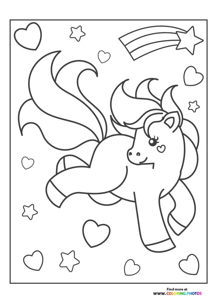 Cute pony with long flowing mane surrounded by hearts and stars coloring page