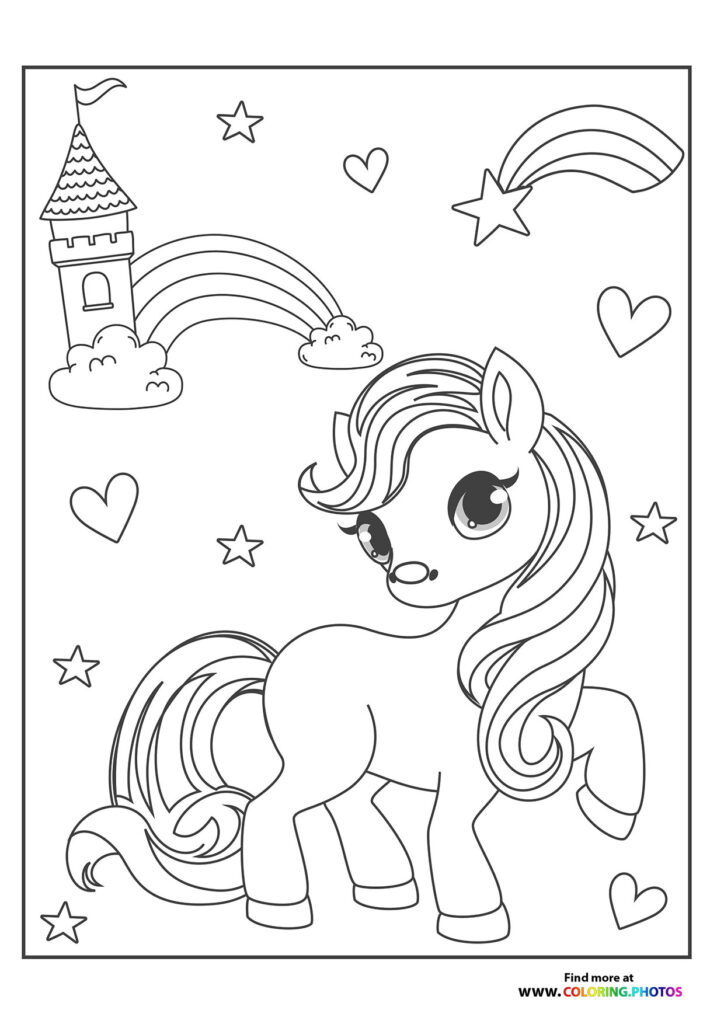 Magical pony with flowing mane and tail surrounded by rainbows, castle, clouds, stars and hearts coloring page
