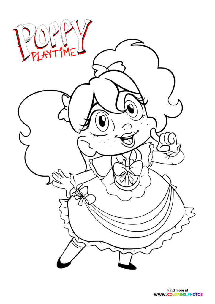 Poppy character with fluffy hair, bow, and frilly dress from Poppy Playtime coloring page