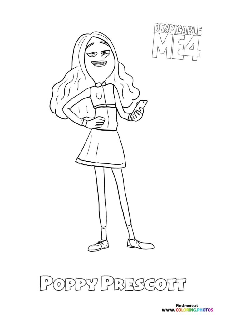 Poppy Prescott with long wavy hair and confident pose from Despicable Me 4 coloring page