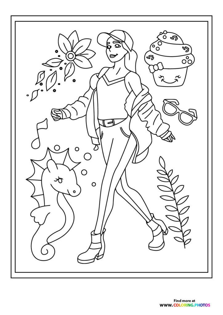 Fashion girl in crop top and pants with platform boots, surrounded by cupcake, flower, and seahorse accessories coloring page