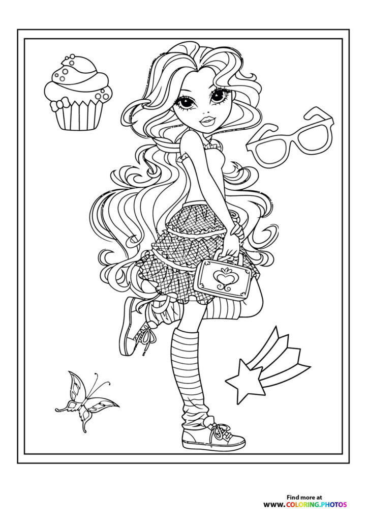 Fashionable girl with long wavy hair holding sunglasses, wearing patterned skirt and leg warmers coloring page