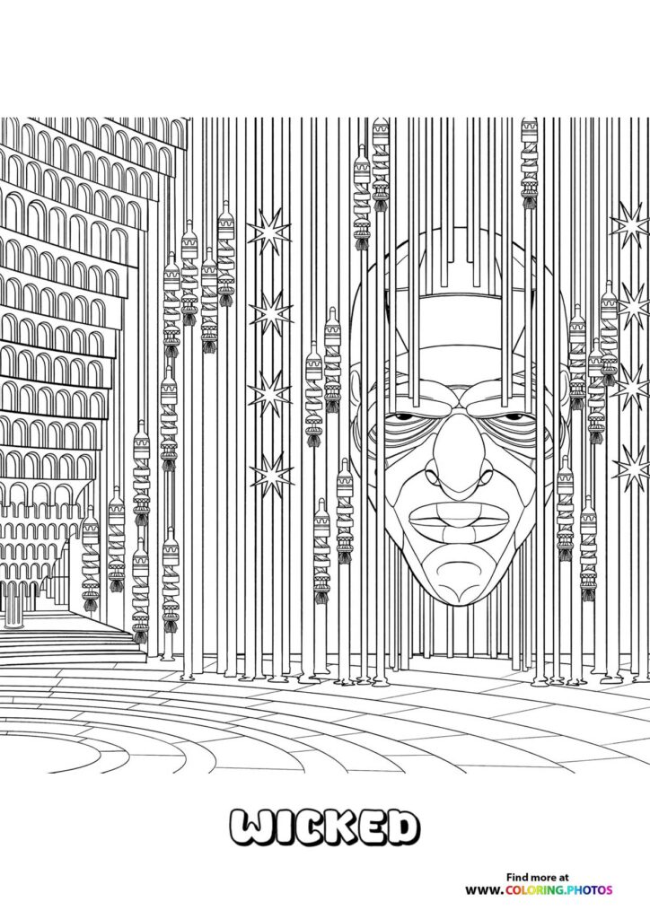 Elphaba's face in front of the Emerald City towers with lanterns and stars coloring page from Wicked