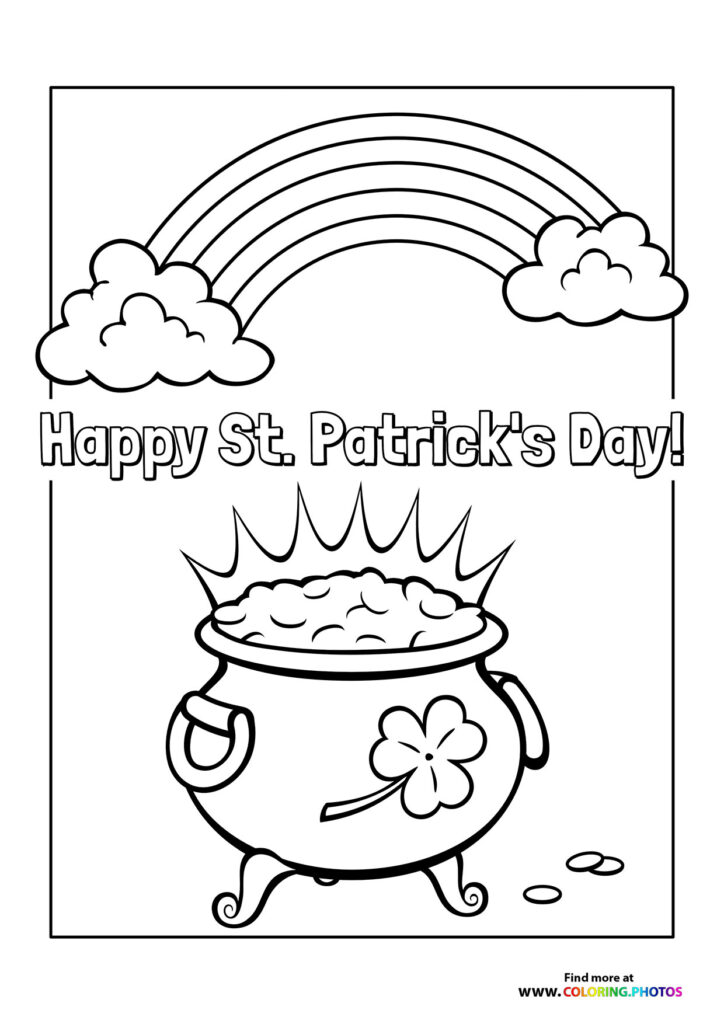 Pot of gold with rainbow and four-leaf clover coloring page for Saint Patrick's Day