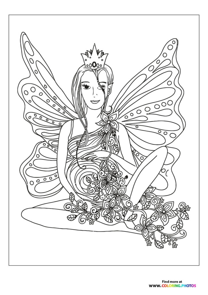 Fairy queen wearing a crown with large decorative wings and floral dress coloring page