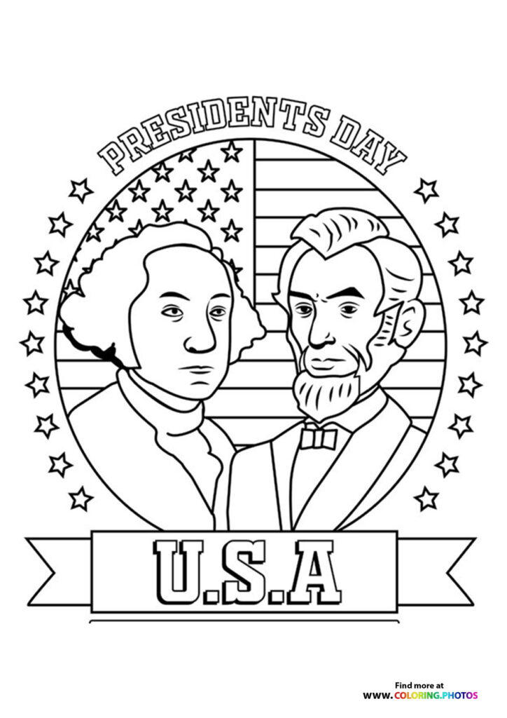 Two historical American presidents with stars and American flag background, Presidents Day coloring page
