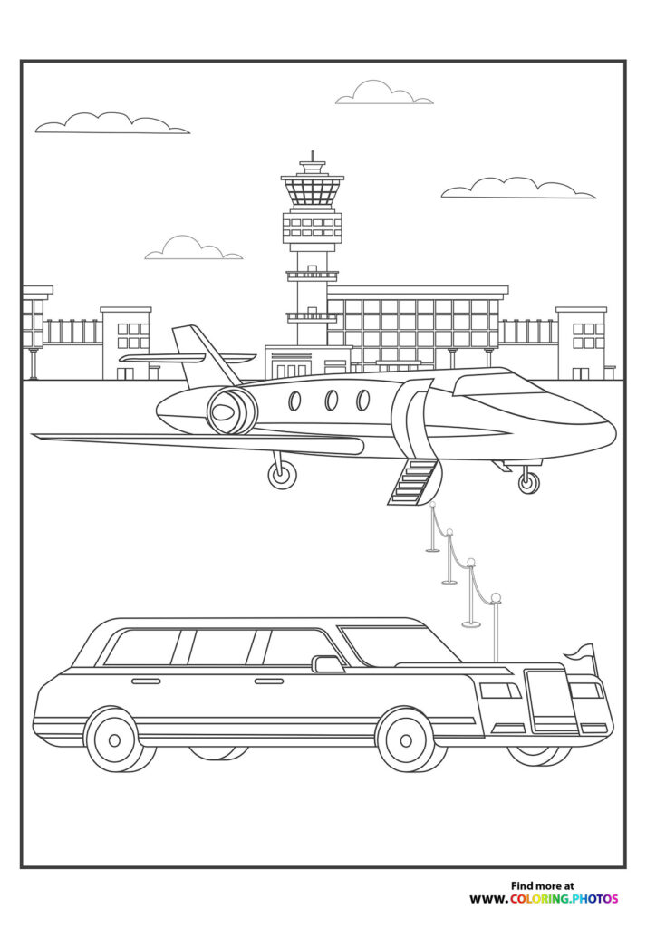 Passenger airplane parked at airport terminal with control tower, boarding stairs, and limousine coloring page