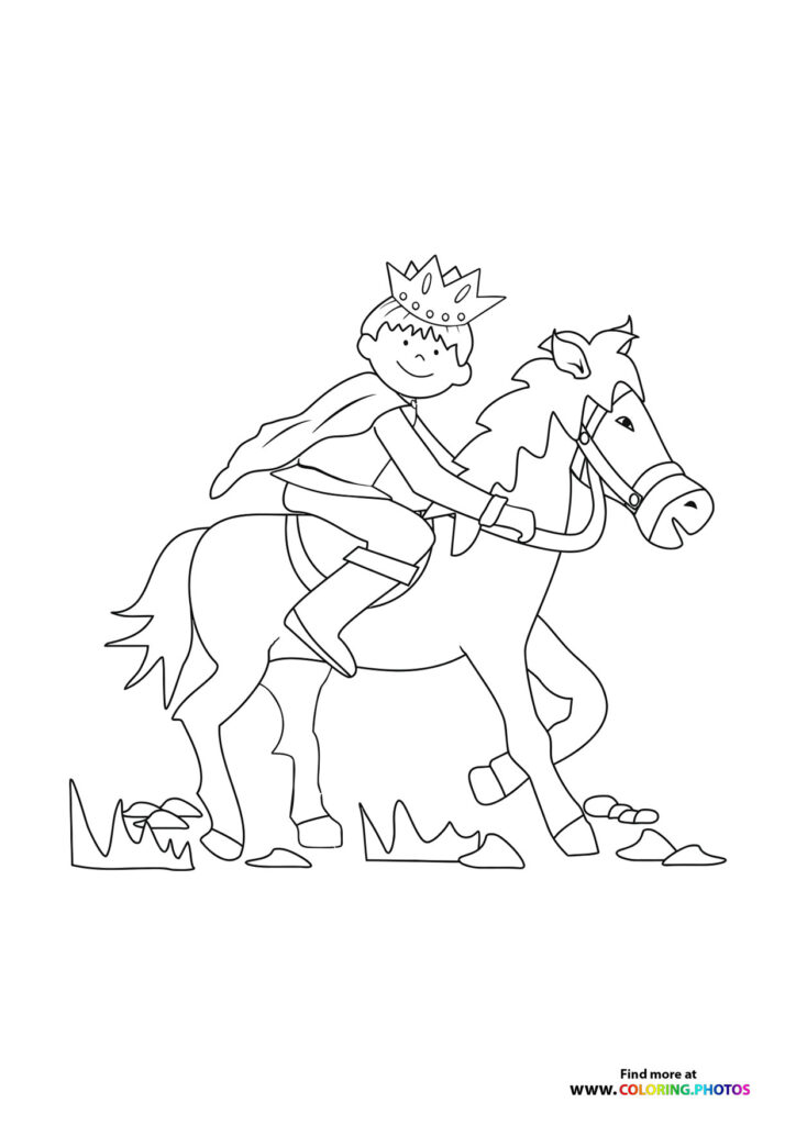 Young prince wearing crown riding a horse with decorative saddle and bridle coloring page