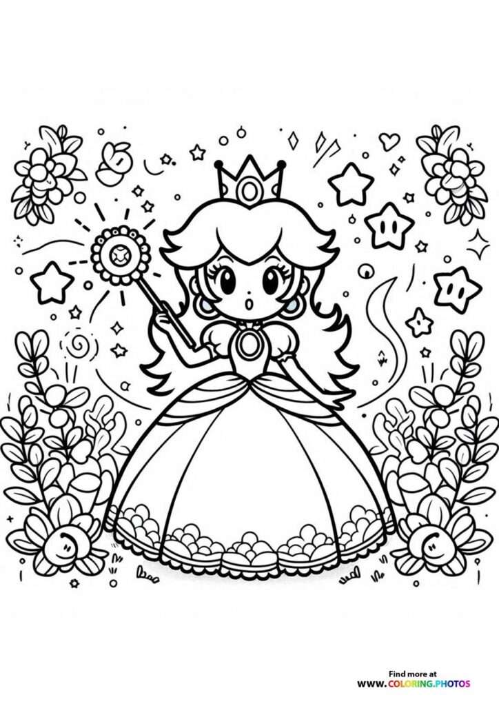 Princess Peach wearing tiara and gown surrounded by flowers and stars coloring page