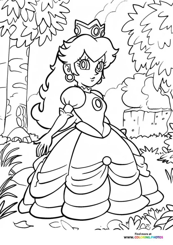 Princess Peach standing in castle garden wearing pink gown and tiara coloring page from Super Mario