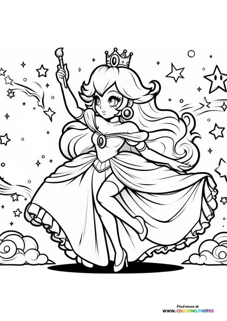 Princess Peach holding a magical wand with crown and flowing gown, surrounded by stars and sparkles coloring page