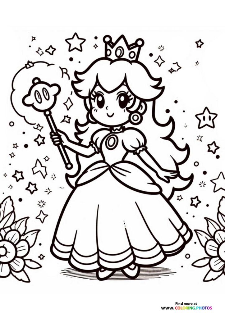 Princess Peach holding magic wand wearing crown and ball gown coloring page from Super Mario