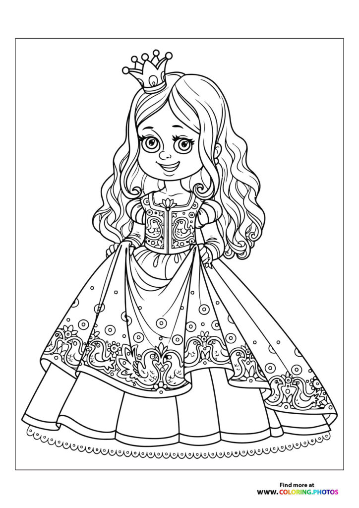 Young princess wearing a crown and ornate gown with detailed patterns and jewels coloring page