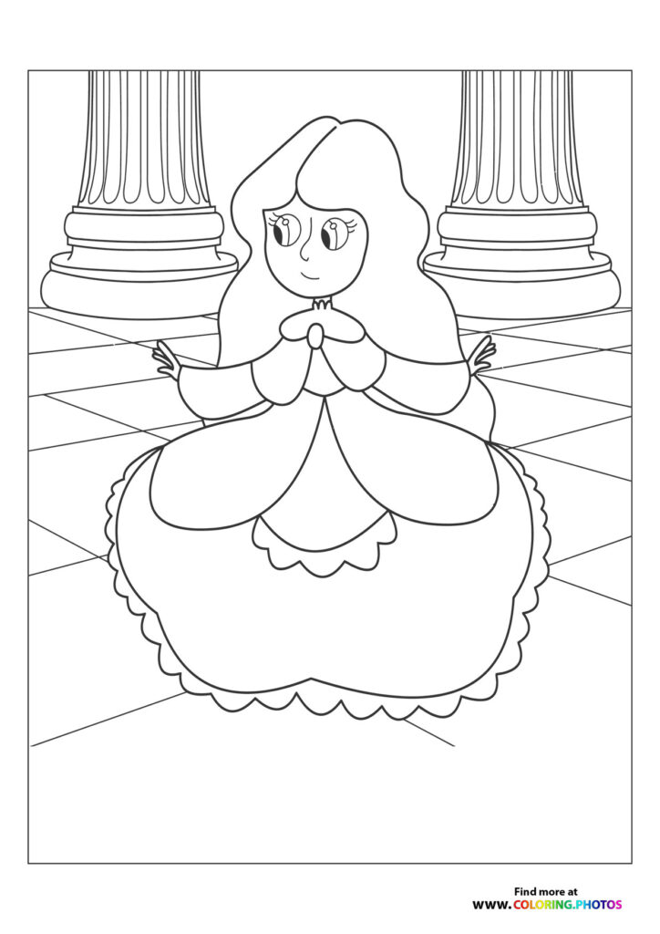 Princess in elegant ballgown with puffy sleeves and ruffled skirt standing in grand castle hall coloring page
