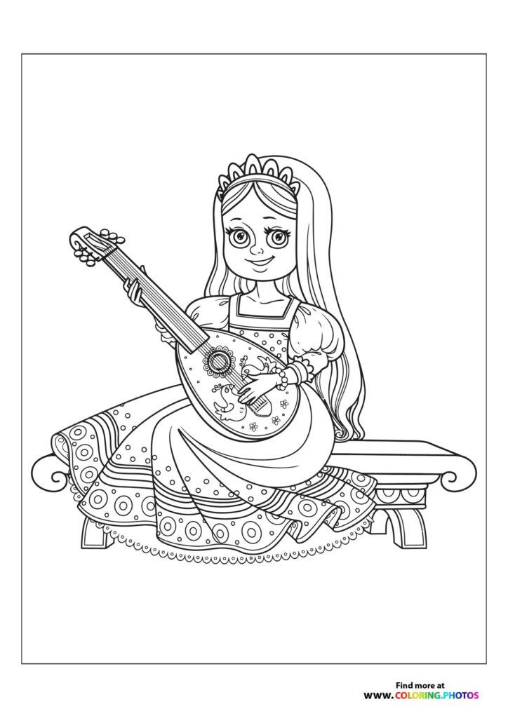 Princess with long hair wearing a tiara, playing a decorative guitar while sitting on an ornate bench coloring page