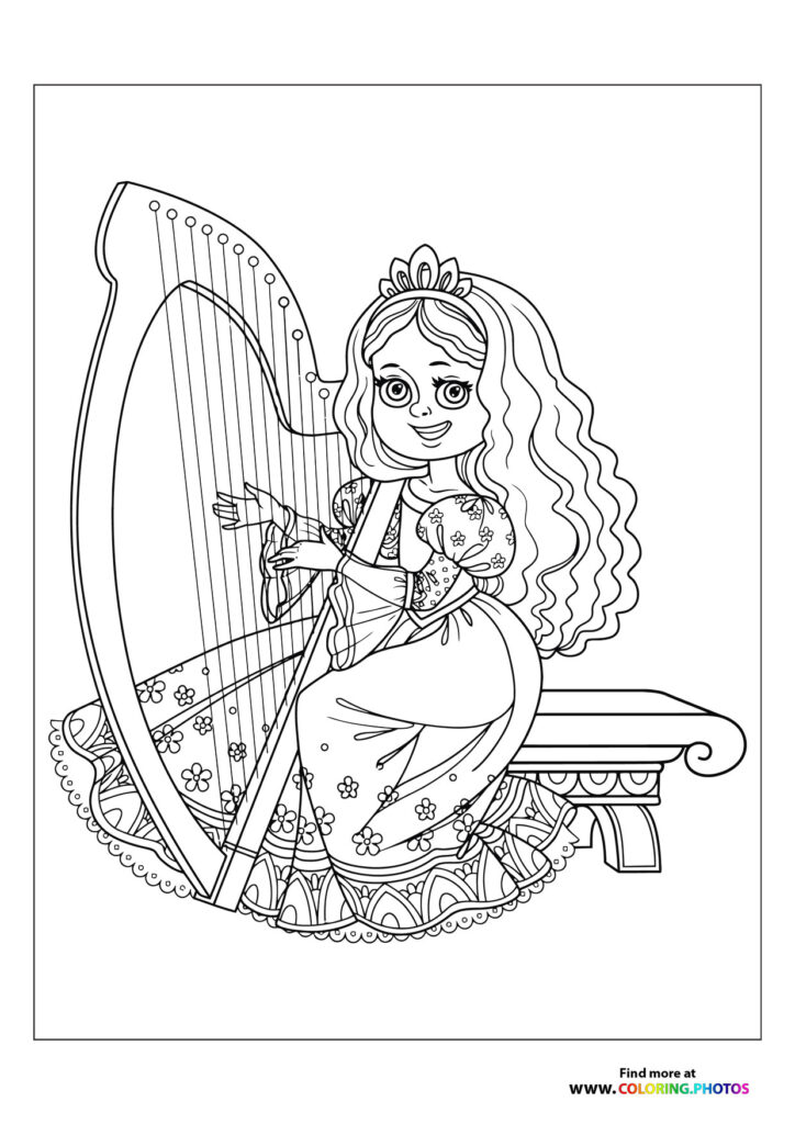 Princess with wavy hair and tiara playing a harp, wearing a flowing gown with floral details coloring page