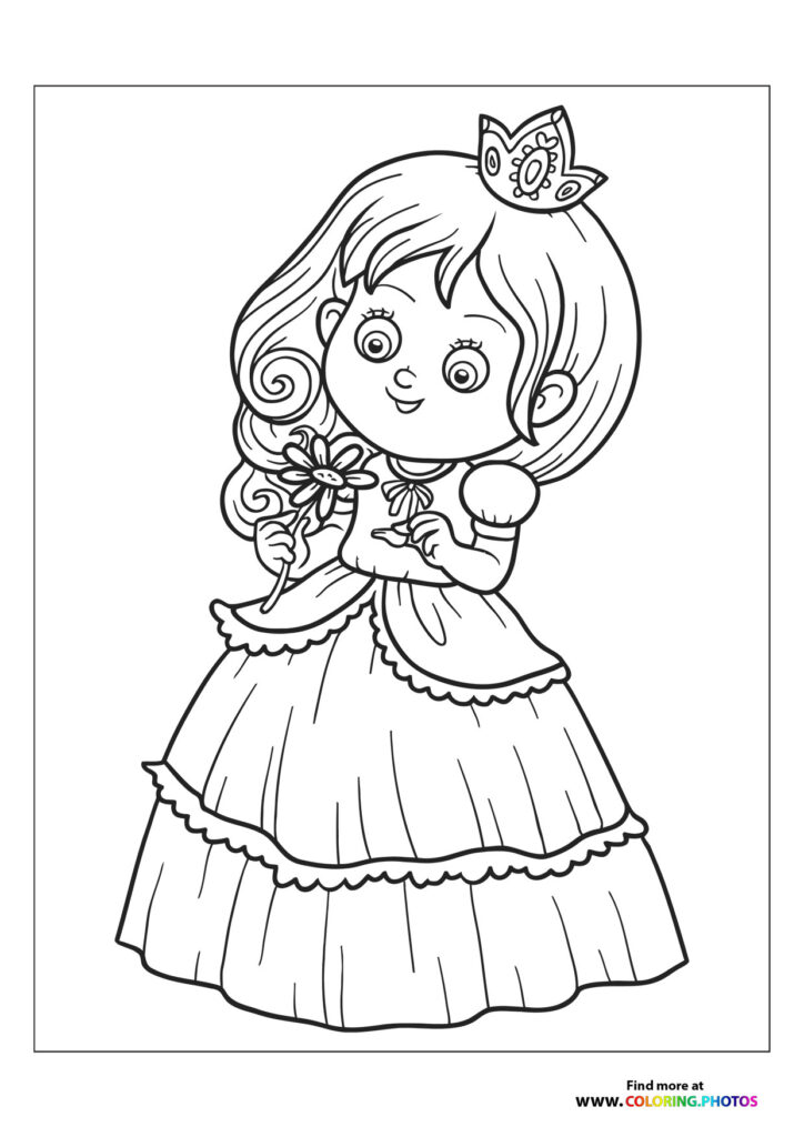 Smiling princess wearing tiara and holding flowers in a layered ball gown coloring page