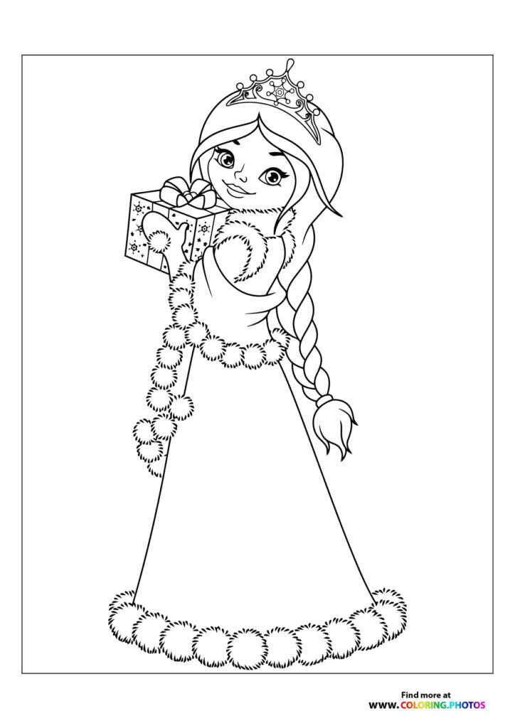 Princess wearing crown and fur-trimmed gown holding a gift, with long braided hair coloring page