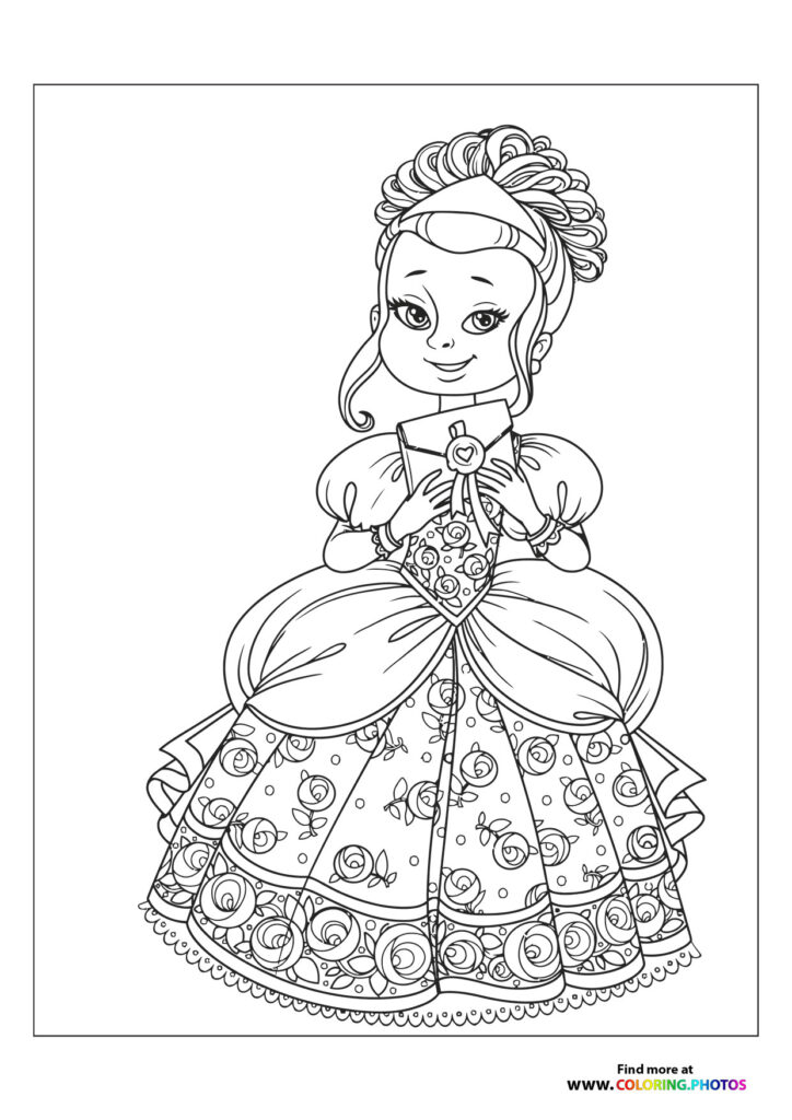 Princess wearing rose-patterned ball gown with jeweled headband and heart choker coloring page