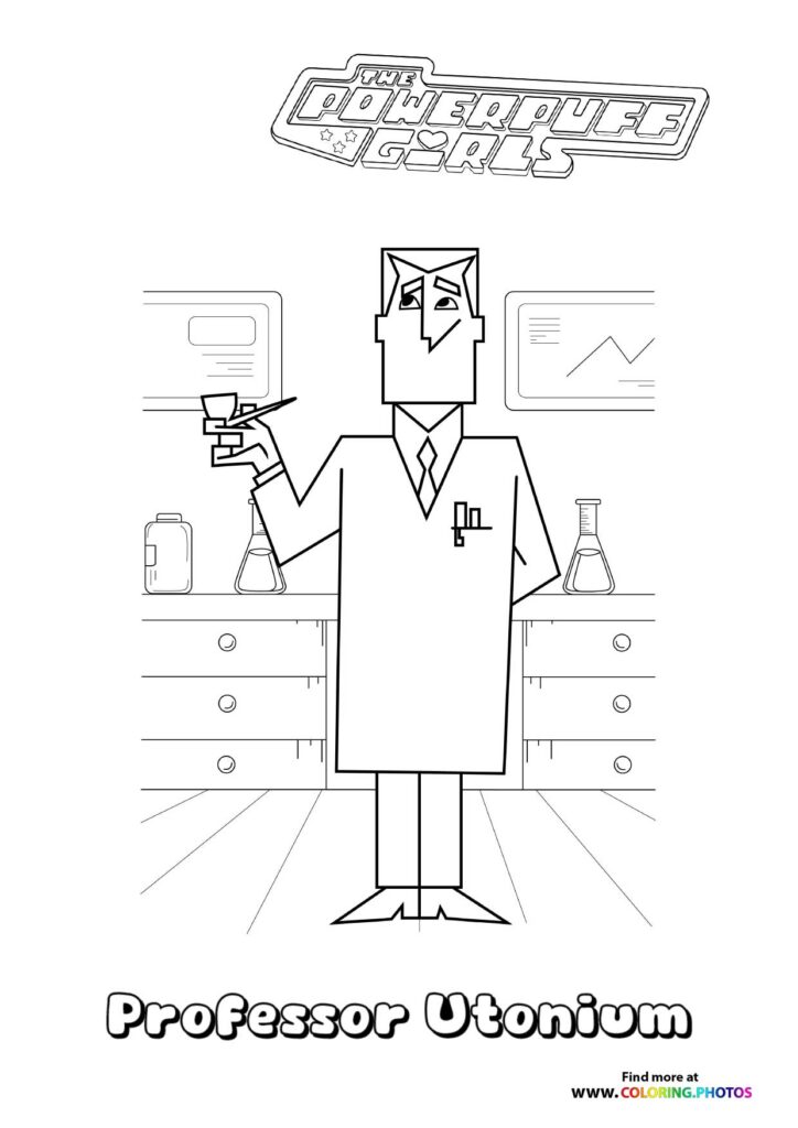 Professor Utonium in his laboratory with beakers and equipment coloring page from The Powerpuff Girls