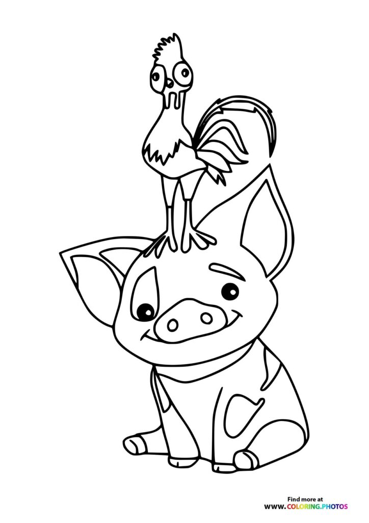 Rooster Heihei balancing on pig Pua coloring page from Moana 2