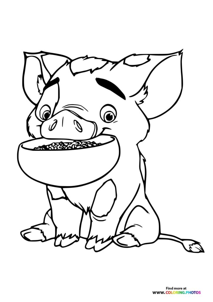 Pui the pig eating from a bowl, coloring page from Moana 2
