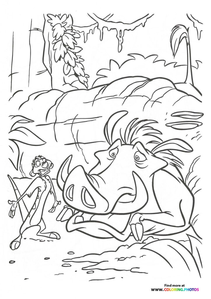 Timon and Pumbaa standing together in a jungle with vines and trees coloring page from The Lion King