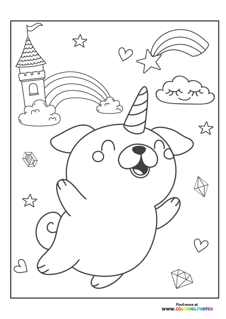 A magical unicorn puppy with horn and wings surrounded by stars, clouds, castle and rainbow coloring page