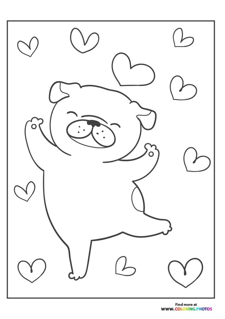 Happy jumping puppy with closed eyes and raised paws surrounded by heart shapes coloring page
