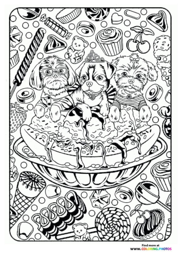 Dogs with Ice-cream coloring page for adults
