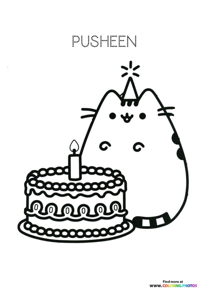 Pusheen the cat wearing a party hat next to a decorated birthday cake with candle coloring page