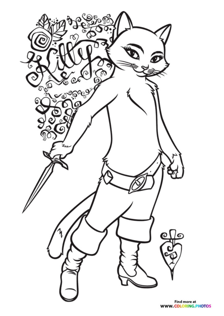 Perrita the white cat holding a magic wand with swirling flowers and sparkles coloring page from Puss in Boots The Last Wish