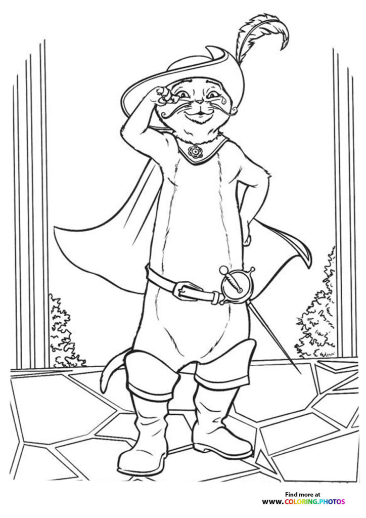 Peralta the outlaw cat wearing a feathered hat, cape, and ornate outfit coloring page from Puss in Boots The Last Wish