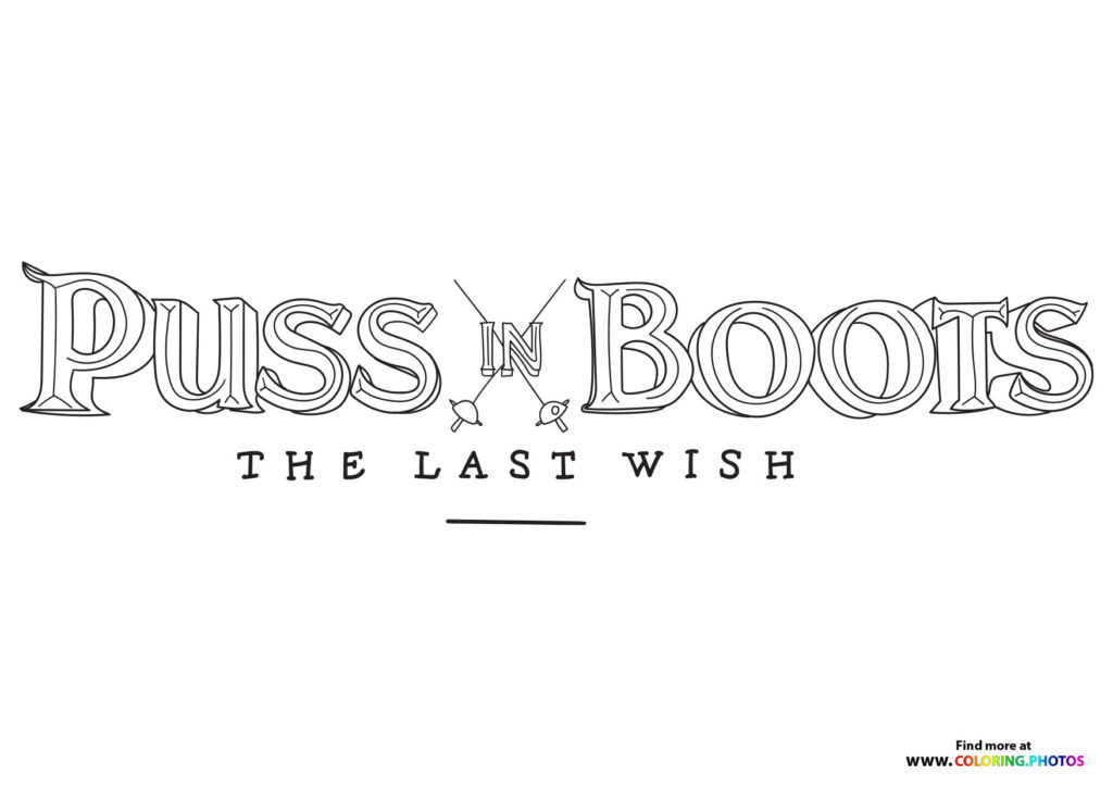 Puss in Boots The Last Wish movie title logo with decorative lettering coloring page