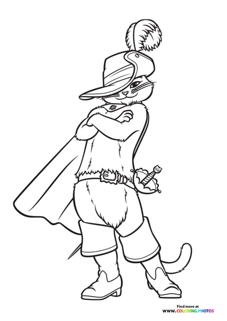 Puss in Boots wearing a cape and feathered hat with Perrito at his side coloring page from The Last Wish
