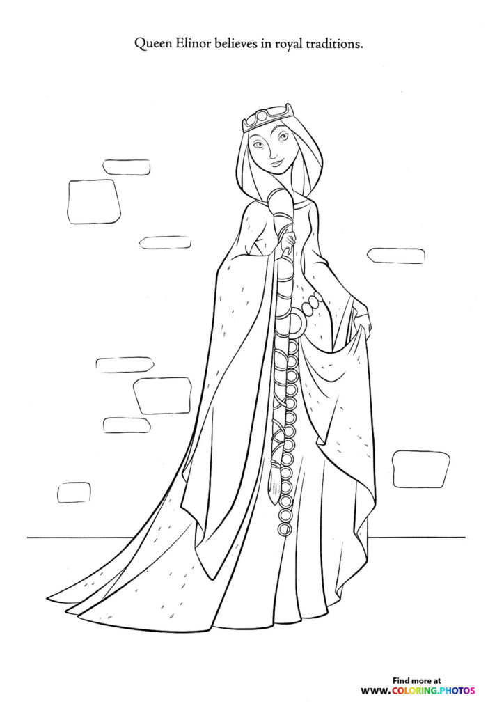 Queen Elinor wearing a crown and flowing royal cape with ornate dress coloring page from Brave